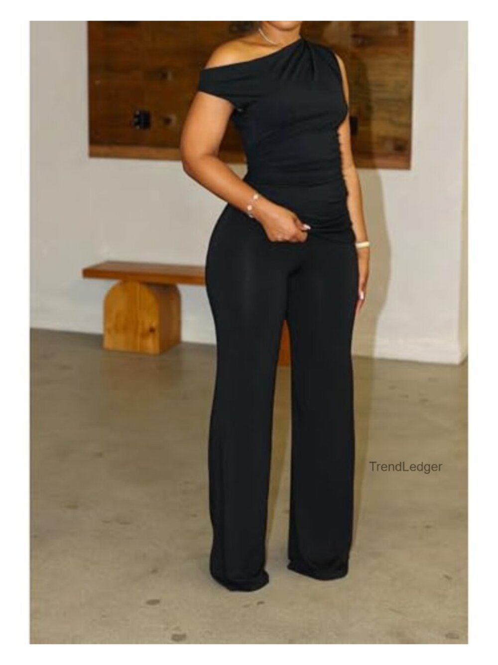 Women's 2 Piece Club Outfits Sexy One Shoulder Ruched Wide Leg Pant Sets